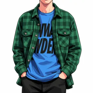 Illustration of an unbuttoned flannel shirt jacket worn casually, revealing a graphic tee underneath, emphasizing comfort.