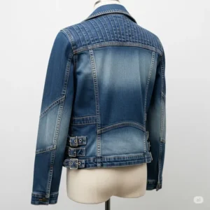 Back view of a denim moto jacket, showcasing the unique paneling and adjustable side buckles characteristic of this style.