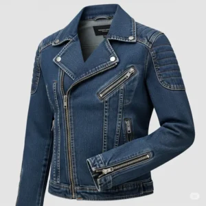 Detailed shot of a denim moto jacket, focusing on the metal hardware, shoulder epaulets, and zippered cuffs that define its biker aesthetic.
