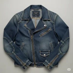 Flat lay image of a new denim moto jacket, neatly arranged to showcase its full design and texture before being worn.