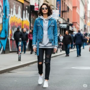 Street style image featuring a denim moto jacket, worn casually over a hoodie, illustrating its appeal in urban fashion.