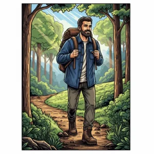 An illustration showing a person in a rugged flannel shirt jacket enjoying an outdoor activity like hiking, emphasizing its practicality.