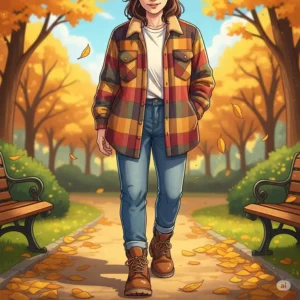 Illustration of a person wearing a cozy flannel shirt jacket paired with jeans and boots, ideal for crisp fall weather.