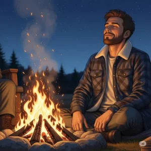  Illustration suggesting the warmth and comfort of a flannel shirt jacket suitable for cooler winter days, perhaps near a campfire.