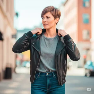 A woman casually styling her ladies leather bomber jacket with jeans and a t-shirt.