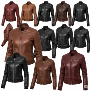 Array of ladies leather bomber jacket colors, including brown, black, and burgundy options.