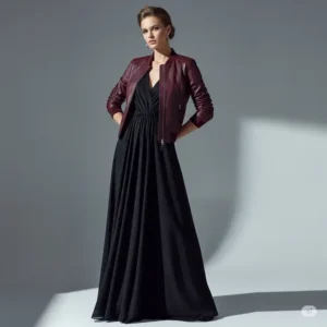 Elegant outfit featuring a ladies leather bomber jacket paired with a dress for a more formal look. 