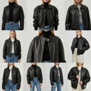 Various fits of ladies leather bomber jackets, from classic to oversized styles.