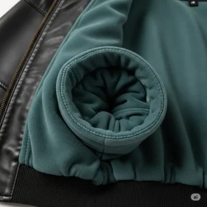 Soft and durable interior lining of a premium ladies leather bomber jacket.