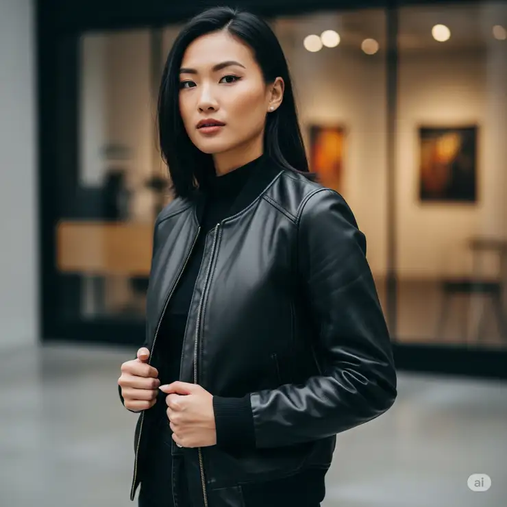 A stylish woman confidently wearing a classic black leather bomber jacket, perfect for any occasion.
