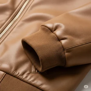 Close-up detail of the high-quality leather texture on a ladies bomber jacket.