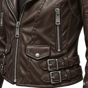 Close-up illustration of the distinctive features of a women's leather moto jacket, including zippers, buckles, and stitching.