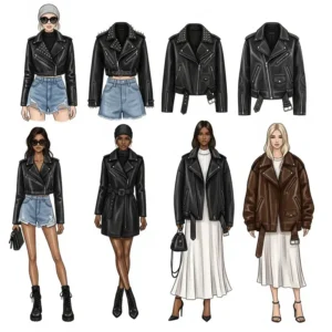 Illustration showcasing different styles and cuts of women's leather moto jackets, such as cropped or oversized.