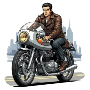 Illustration of a man confidently riding a cafe racer motorcycle, wearing a stylish leather jacket for protection and aesthetic.