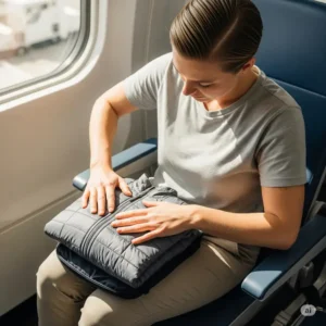 A person folding a lightweight quilted jacket, demonstrating its packability and convenience for travel or on-the-go wear.