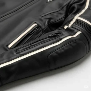 Detail of reflective piping on a women's motorcycle jacket, crucial for increased nighttime visibility and safety.