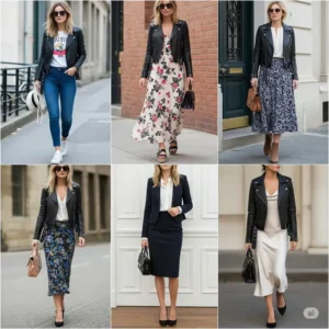 Various ways to style a women's leather moto jacket for different occasions, from casual to dressy.