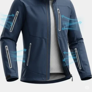 Illustration demonstrating the strategic placement of ventilation zippers on a women's motorcycle jacket for optimal airflow in warmer weather.