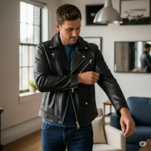 A person putting on a black moto jacket, demonstrating the ease and comfort of wear.