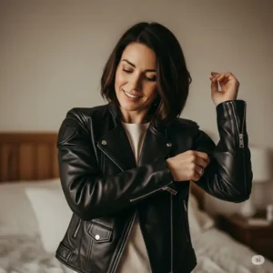  A woman putting on a form-fitting leather motorcycle jacket, demonstrating its comfortable fit and ease of wear.