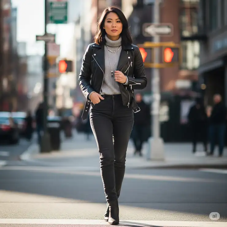 Woman confidently wearing a classic black leather moto jacket, styled with a casual yet chic outfit for an urban look. leather moto jacket women