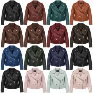 Palette of popular color options for women's leather moto jackets, beyond traditional black.