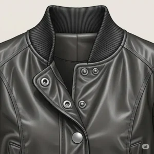 Detailed illustration of the ribbed collar and snap buttons on a women's leather bomber jacket, emphasizing its iconic style.