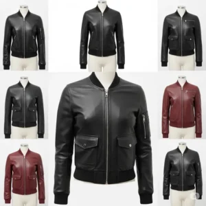 A visual representation of various color options available for women's leather bomber jackets, from classic black to rich burgundy.
