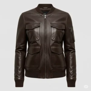  Front view of a dark brown women's leather bomber jacket, showcasing its sleek design and practical pockets.