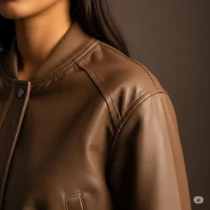 Artistic rendering of the soft, supple texture of genuine leather on a women's bomber jacket, highlighting its premium feel.