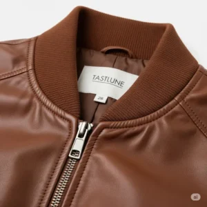 Close-up of the durable zipper and ribbed collar detail on a women's leather bomber jacket, highlighting its quality construction.