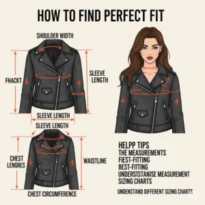 Infographic illustrating how to find the perfect fit for a women's leather moto jacket, highlighting key measurement points.