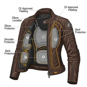 Diagram or illustration highlighting the CE-approved armor padding within a women's leather motorcycle jacket for enhanced rider safety.