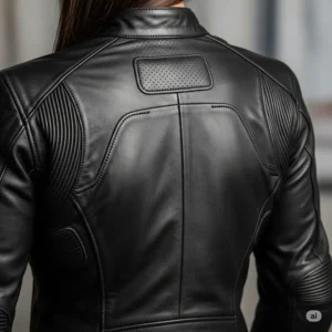  Back view of a women's leather motorcycle jacket, highlighting design details like back panels and ventilation.