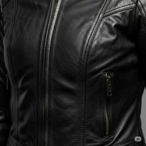 Close-up of the durable, high-quality leather texture on a women's motorcycle jacket, highlighting its craftsmanship.