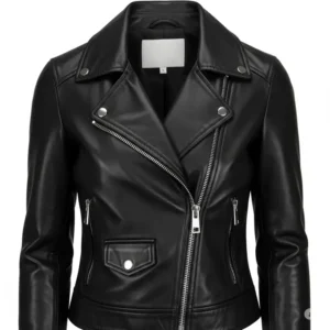 Detailed front view of a women's leather moto jacket, showcasing the asymmetrical zipper and lapel collar.