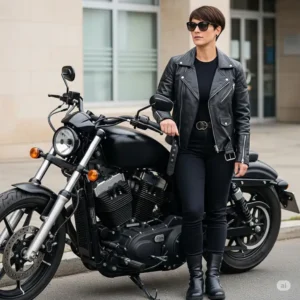 A woman confidently posing next to her motorcycle, wearing a fashionable black leather motorcycle jacket, showcasing its versatile style.