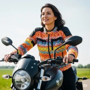 A woman on a motorcycle, showcasing a vibrant textile motorcycle jacket designed for comfort and visibility.
