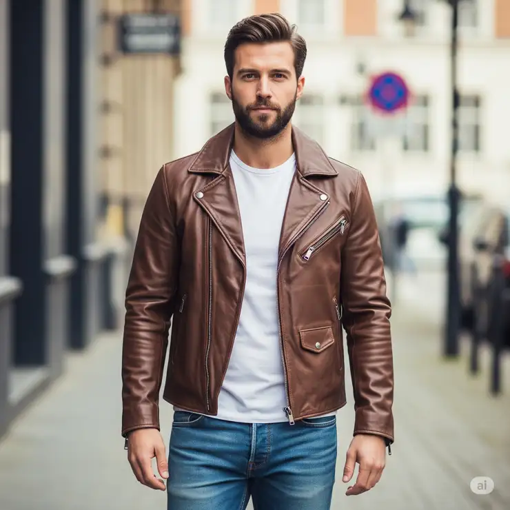Stylish man wearing a brown leather aviator jacket paired with casual denim and a t-shirt, perfect for everyday wear
