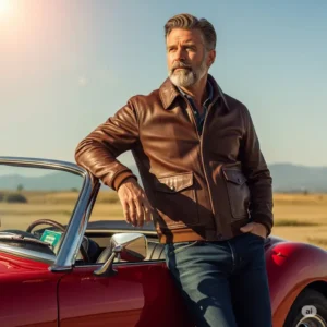 Man in a classic brown leather aviator jacket leaning against a vintage car, embodying a timeless and adventurous lifestyle