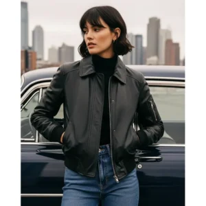 A sleek black women's leather flight jacket, offering a versatile and sophisticated alternative to the traditional brown, perfect for any season.