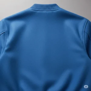 Back view of a plain blue varsity jacket, perfect for custom embroidery or patches, emphasizing its smooth fabric.