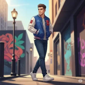 Stylish young man wearing a blue varsity jacket in a casual urban setting, paired with jeans and sneakers.