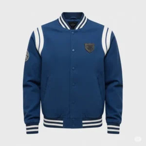 Front view of a men's blue varsity jacket, highlighting its ribbed collar, cuffs, and hem, ideal for casual wear.