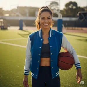 Athletic woman wearing a blue varsity jacket on a sports field, suggesting a comfortable and sporty attire.