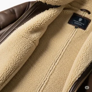 Interior view of a brown leather aviator jacket, showing the comfortable and warm shearling lining