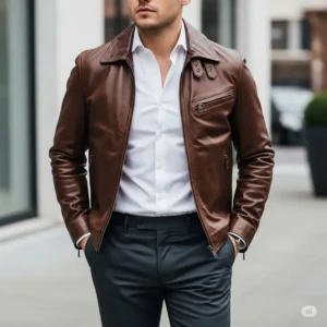 Sophisticated look of a brown leather aviator jacket over a collared shirt and trousers, suitable for smart casual occasions