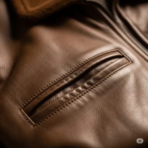 Close-up detail of the supple brown leather texture on an aviator jacket, highlighting its premium quality