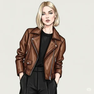 Fashion illustration depicting a trendy female figure sporting a versatile brown leather jacket, suitable for various occasions