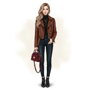 An illustration of a chic outfit idea featuring a brown leather jacket on a female figure, paired with complementary accessories